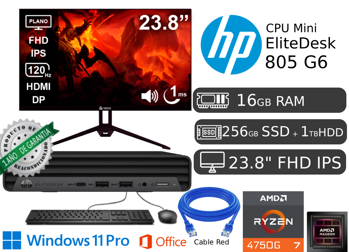 CPU MINI HP 805 G6 AMD RYZEN 7 PRO 16GB RAM 256GB SSD REACONDICIONADA 1 AÑO DE GARANTÍA + 1TB HDD + MONITOR NUEVO 23.8 - 1