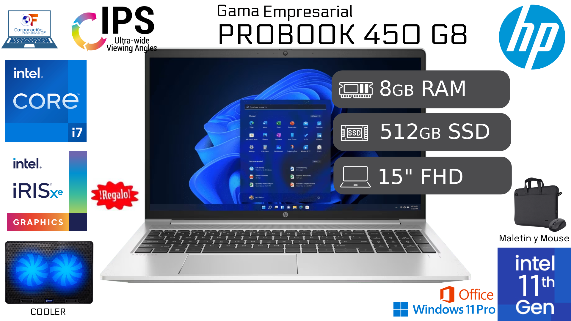 LAPTOP HP PROBOOK 450 G8 INTEL CORE I7 11VA 8GB RAM 512GBSSD + COOLER REACONDICIONADA 1 AÑO GARANTÍA - 1