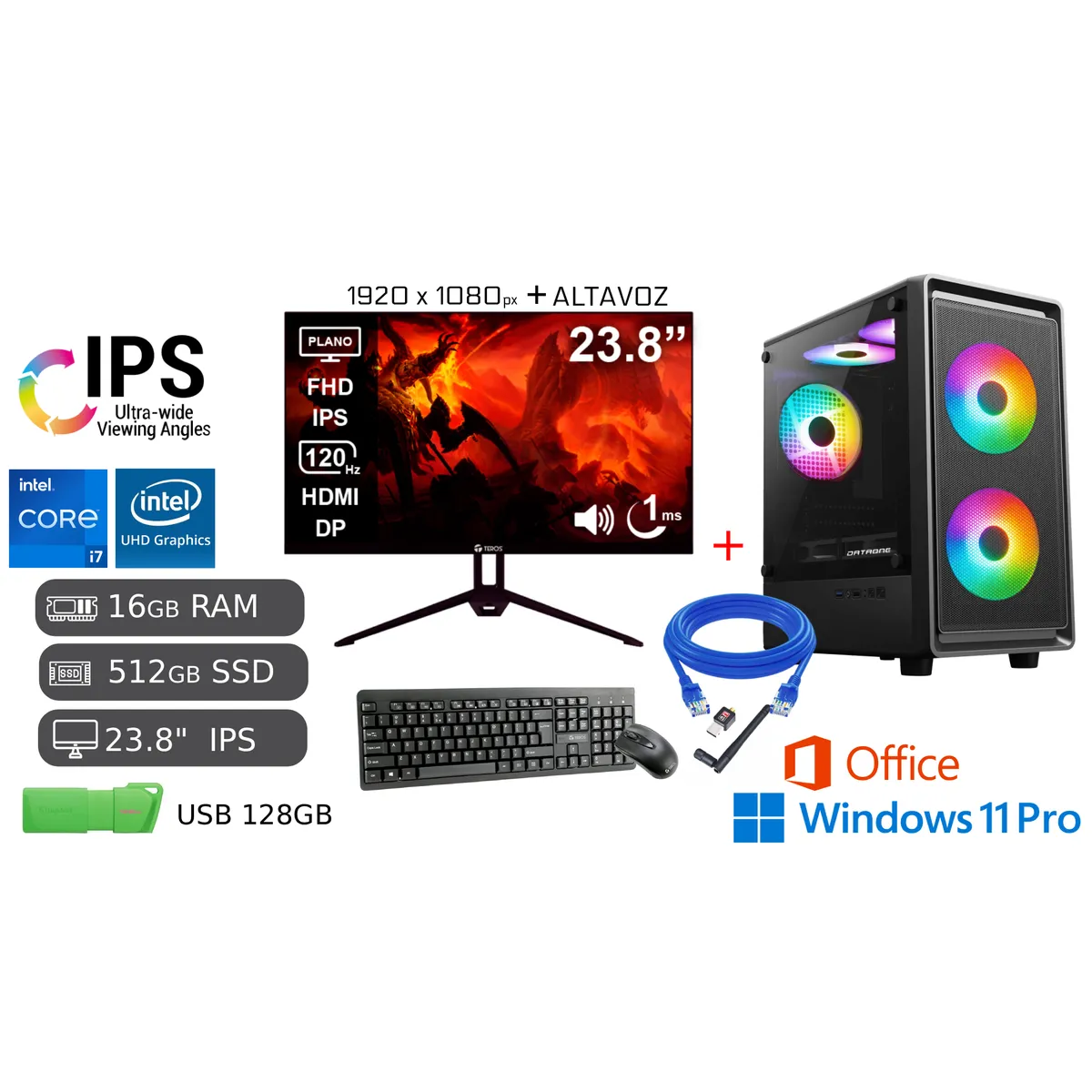 COMPUTADORA PC I7 16GB RAM SSD 512GB + USB 128GB + MONITOR 24' FHD IPS - 1