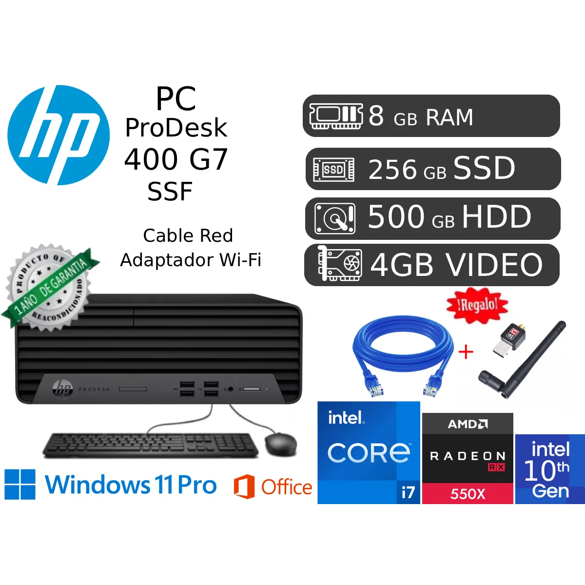 HP PRODESK 400 G7 I7-10700 8GB 256GB + 500GB HDD + VIDEO 4GB RX550X REACONDICIONADA 1 AÑO GARANTÍA - 1