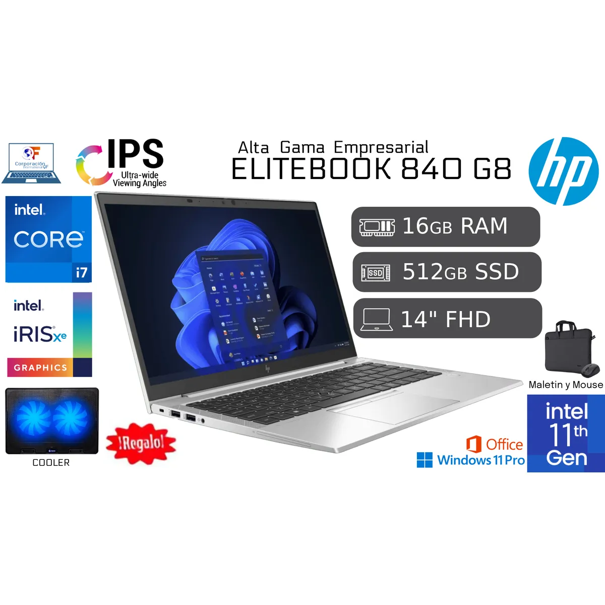 HP ELITEBOOK 840 G8 I7 11VA 16GB RAM 512GB SSD HD IPS REACONDICIONADA 1 AÑO GARANTÍA + COOLER - 1