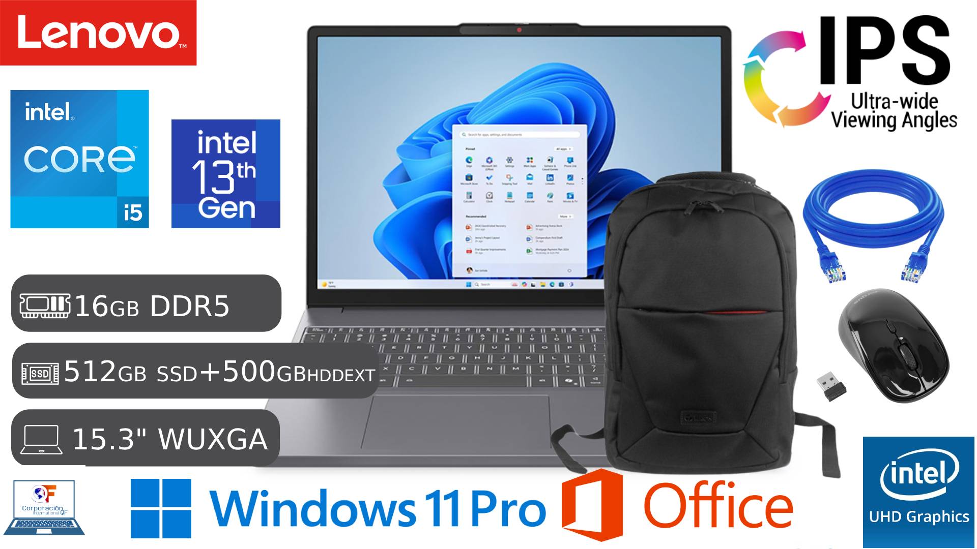 LENOVO TÁCTIL I5 13TH 16GB DDR5 4800 MHZ RAM 512GB SSD + 500GB HDD EXT + MOCHILA + CABLE+ MOUSE - 1