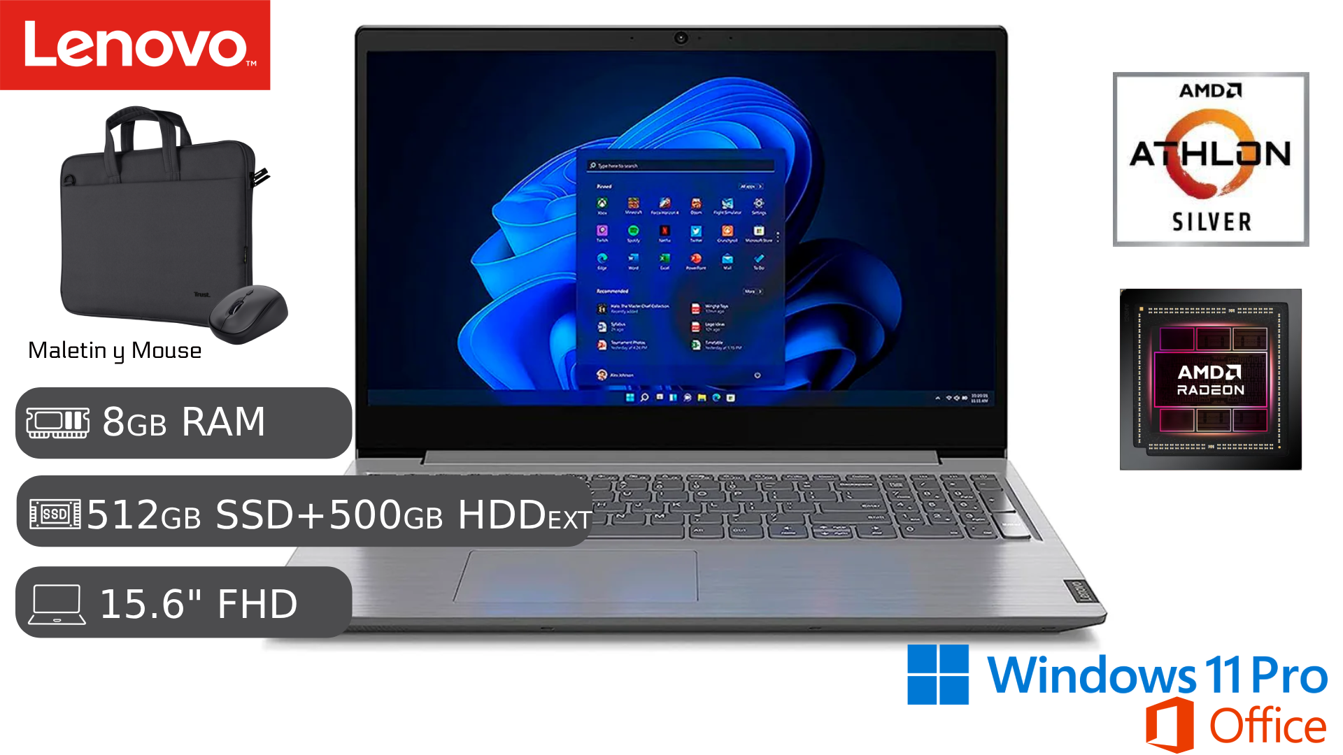 LAPTOP LENOVO V15 G4 AMD SILVER 7120U 8GB RAM 512GB SSD 500GB HDD EXT - 1