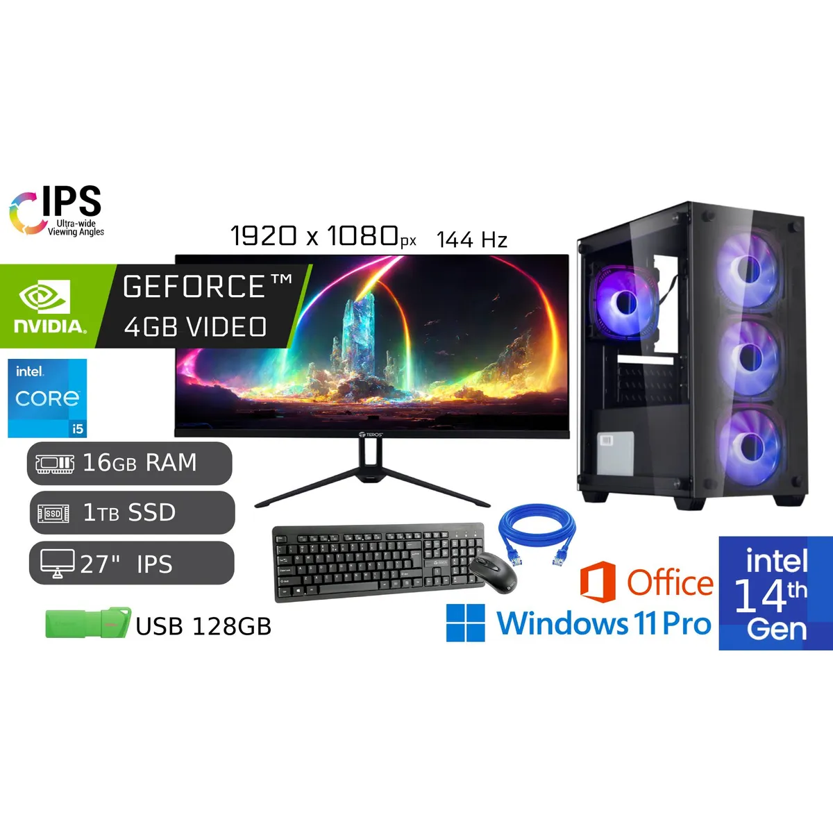 PC GAMER INTEL CORE I5 14VA 16GB RAM 1TB SSD VIDEO NVIDIA GEFORCE 4GB + MONITOR 27 FHD - 1