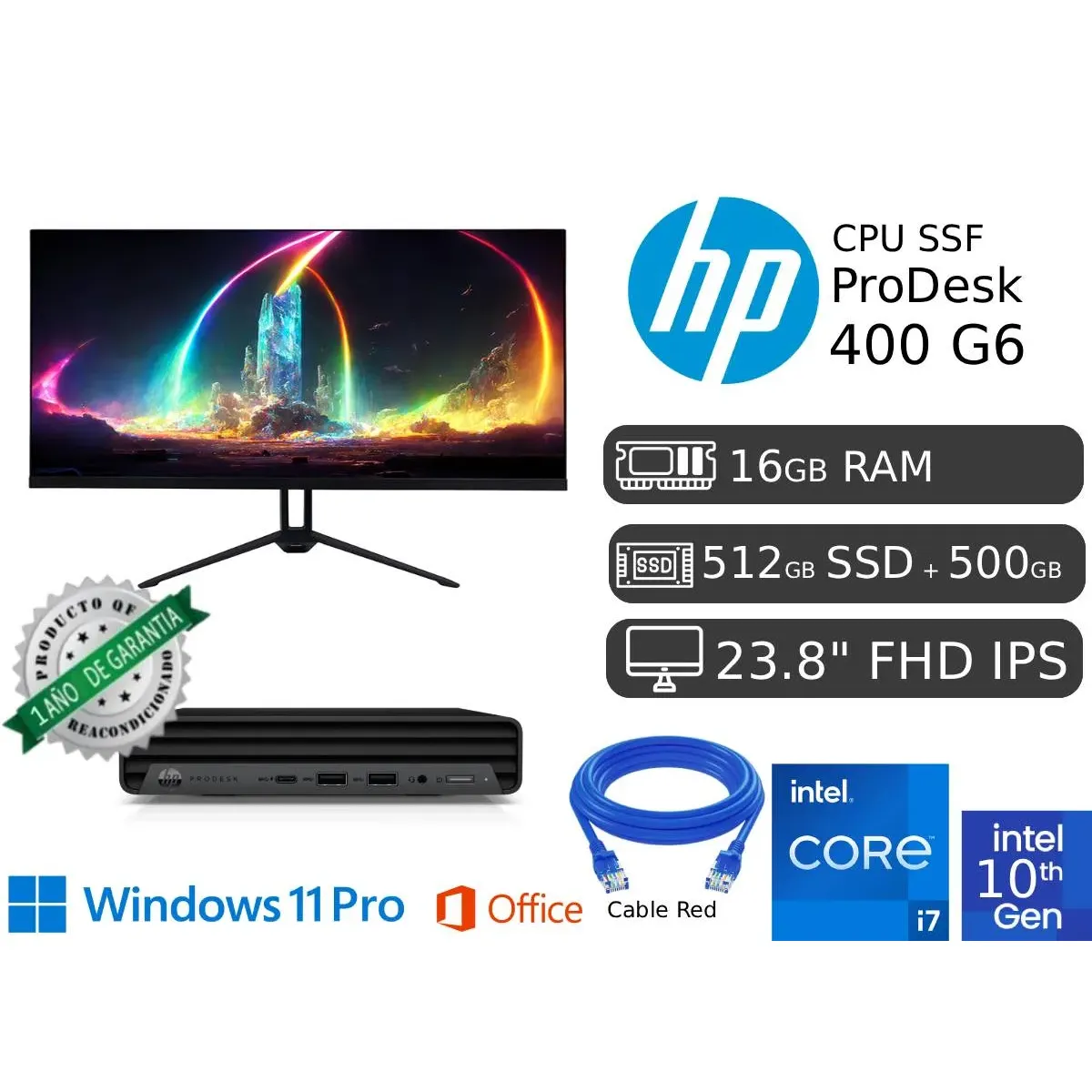 MINI PC HP 400 G6 I7 10MA 16GB RAM 512GB SSD 1TB HDD + MONITOR LED 24 REACONDICIONADA - 1