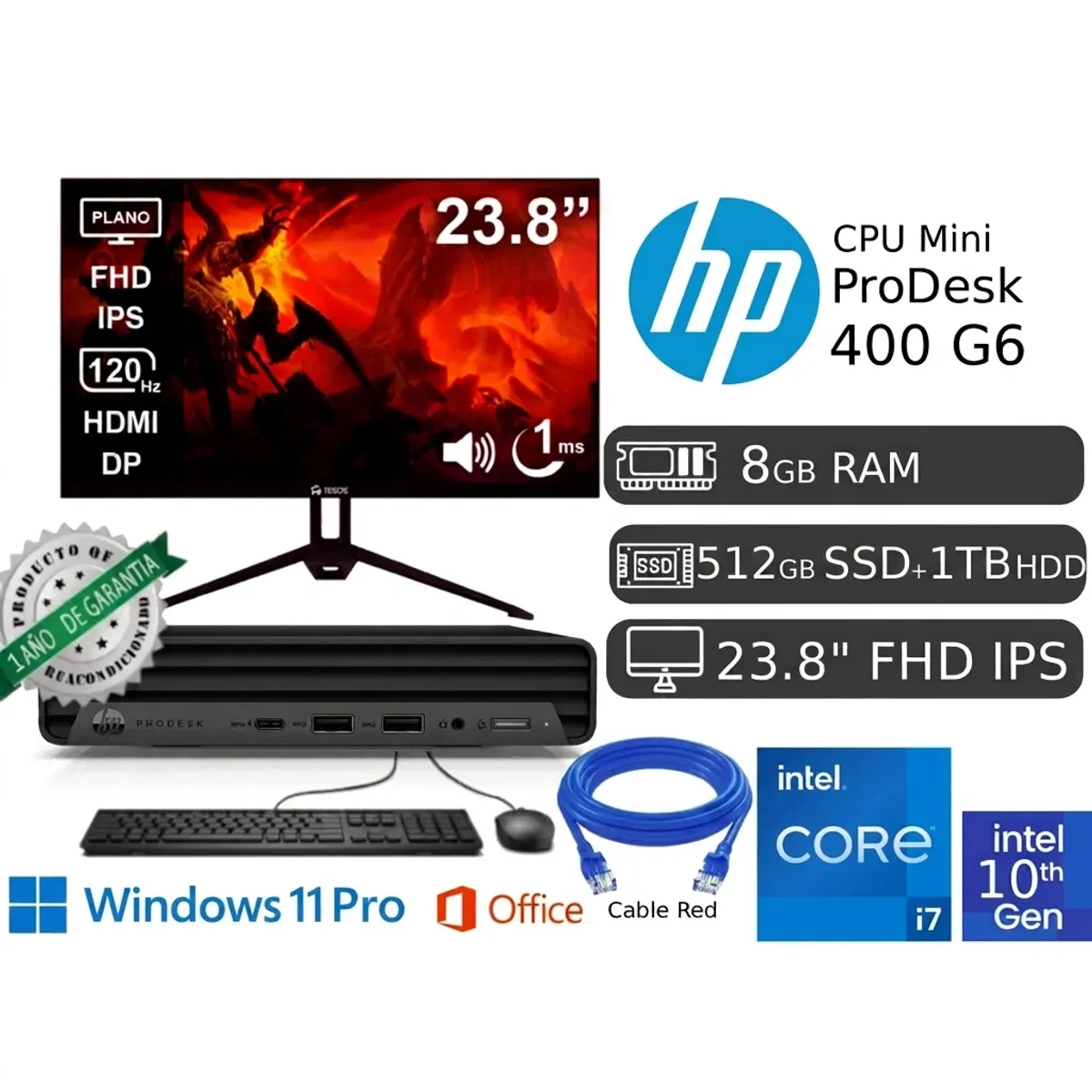 PC MINI HP 400 G6 I7 10700T 8GB RAM 512GB SSD REACONDICIONADA + MONITOR NUEVO 23.8' - 1