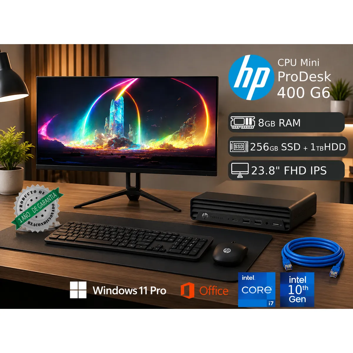MINI PC HP 400 G6 CORE I7 10700T 8GB 256GB SSD + 1TB EXT + MONITOR 23.8 NUEVO REACONDICIONADO - 1