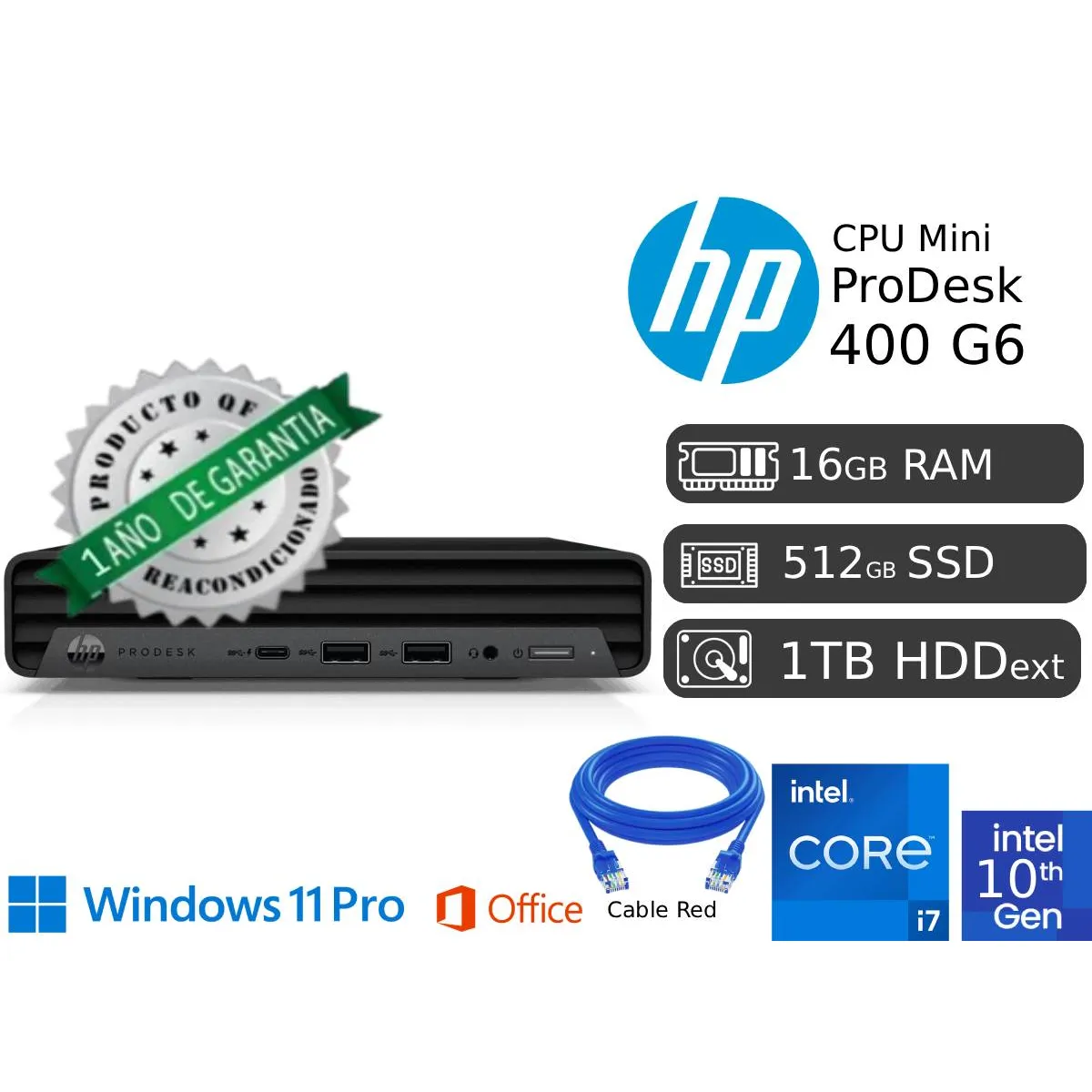 MINI PC HP 400 G6 CORE I7 10MA 16GB RAM 512GB SSD + 1TB EXT REACONDICIONADA 1 AÑO GARANTÍA - 1