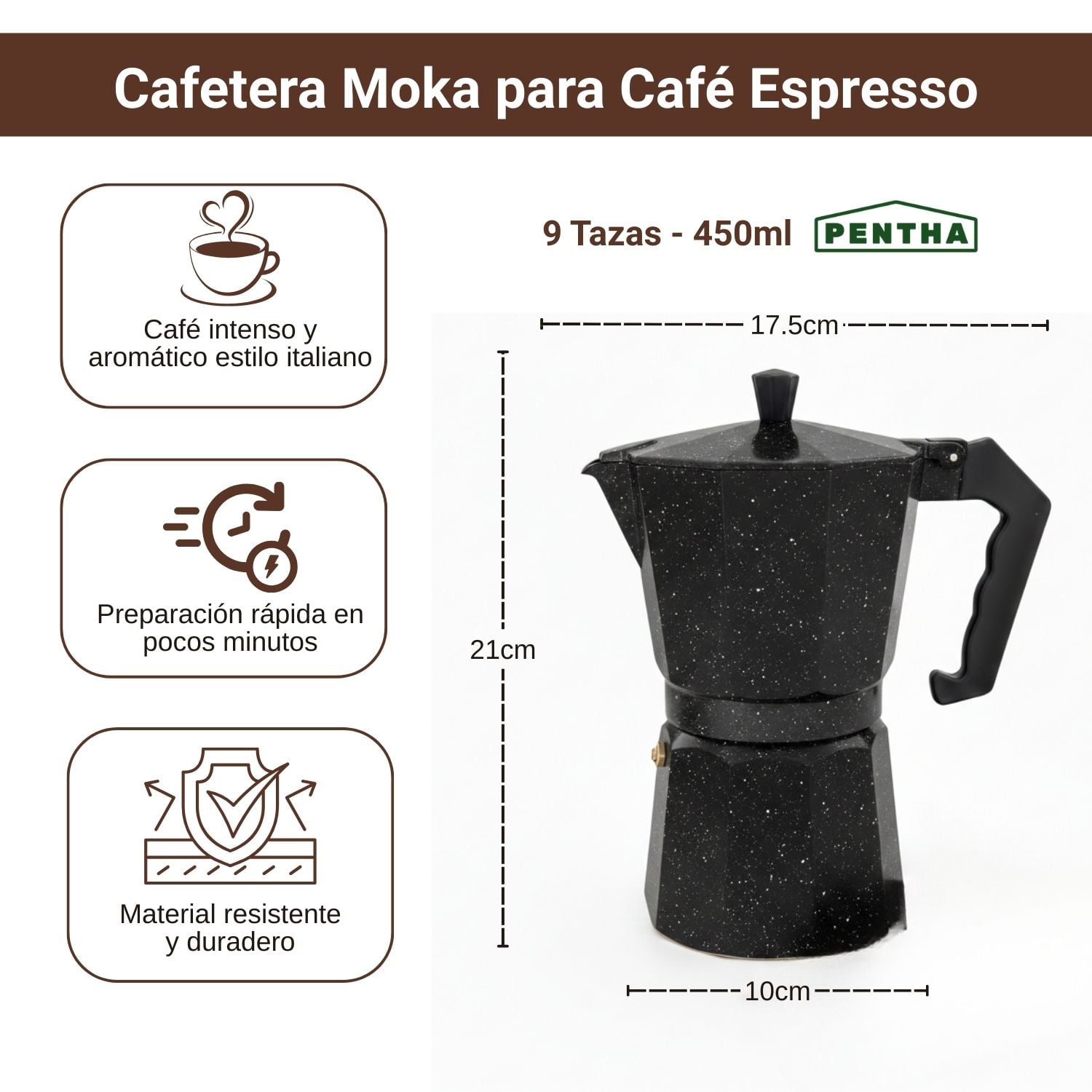 CAFETERA ITALIANA MOKA DE 9 TAZAS COLOR NEGRO DE 450 ML - 2