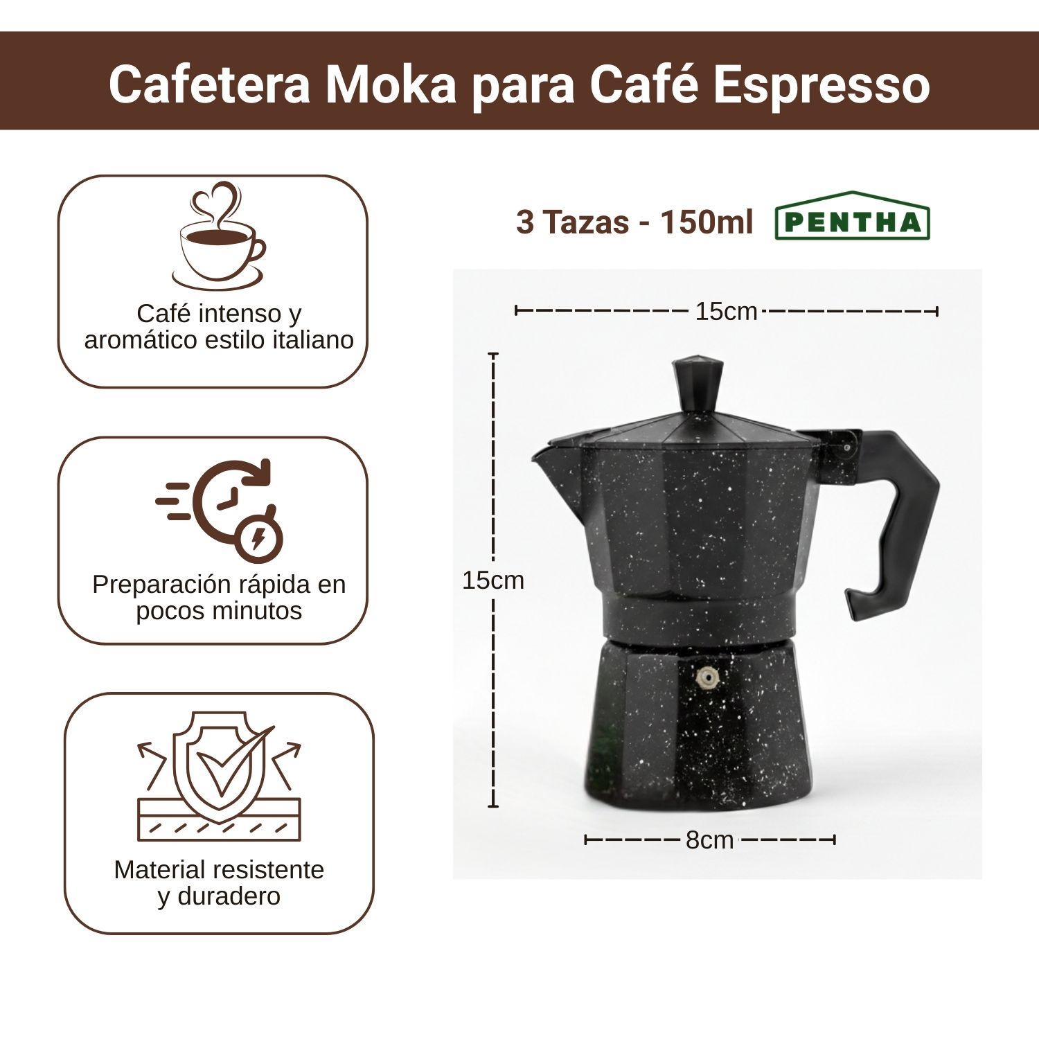 CAFETERA MOKA ITALIANA ESPRESSO DE 3 TAZAS - 150ML COLOR NEGRO - 2