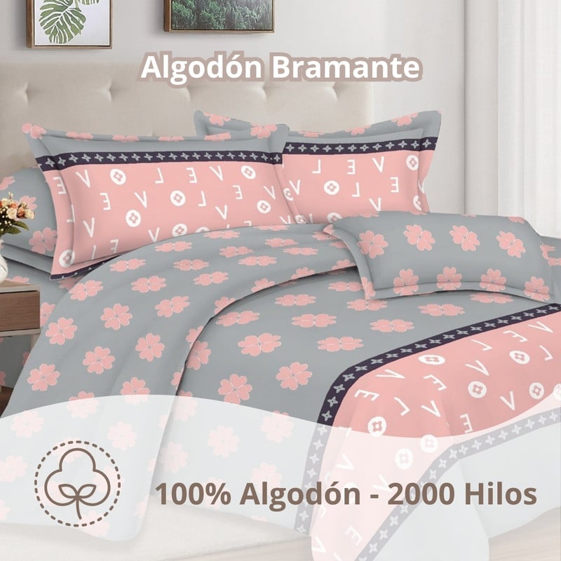 JUEGO DE SÁBANAS ALGODÓN 2PLAZAS 4 PIEZAS 2000 HILOS ROSA GRIS - 2