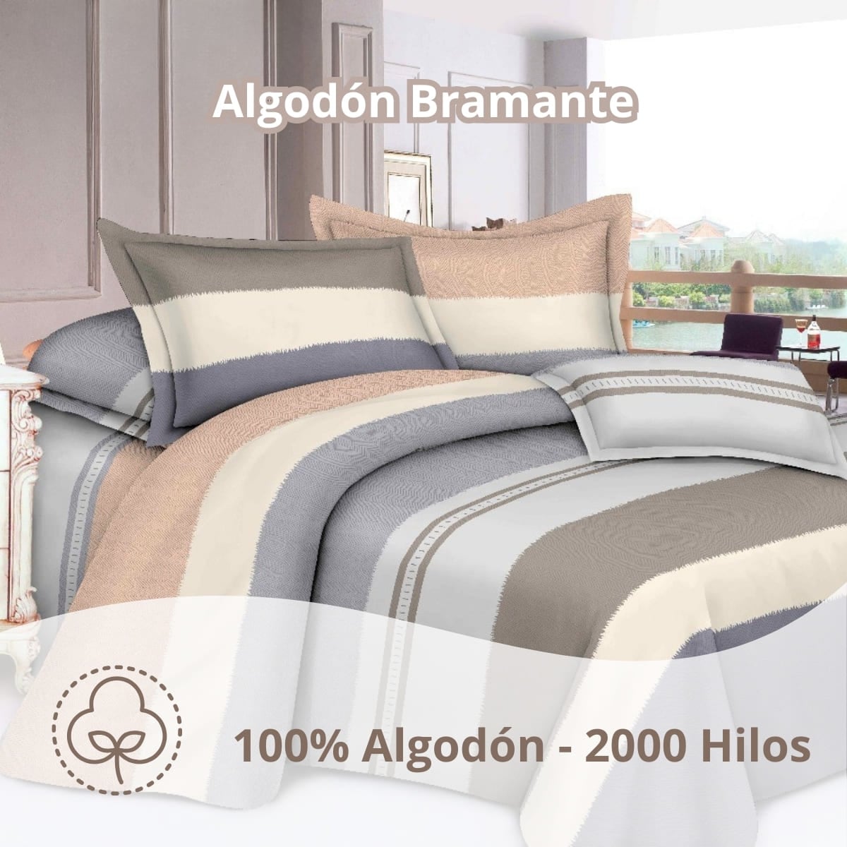 JUEGO DE SÁBANAS ALGODÓN 2PLAZAS 4 PIEZAS 2000 HILOS VERDE OLIVO RAYAS - 2