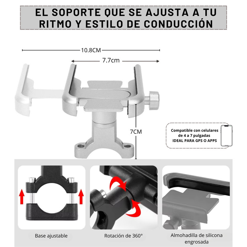 HOLDER SOPORTE PARA MOTO BICICLETA MANILLAR FUERTE DE ALUMINIO PLATEADO - 3