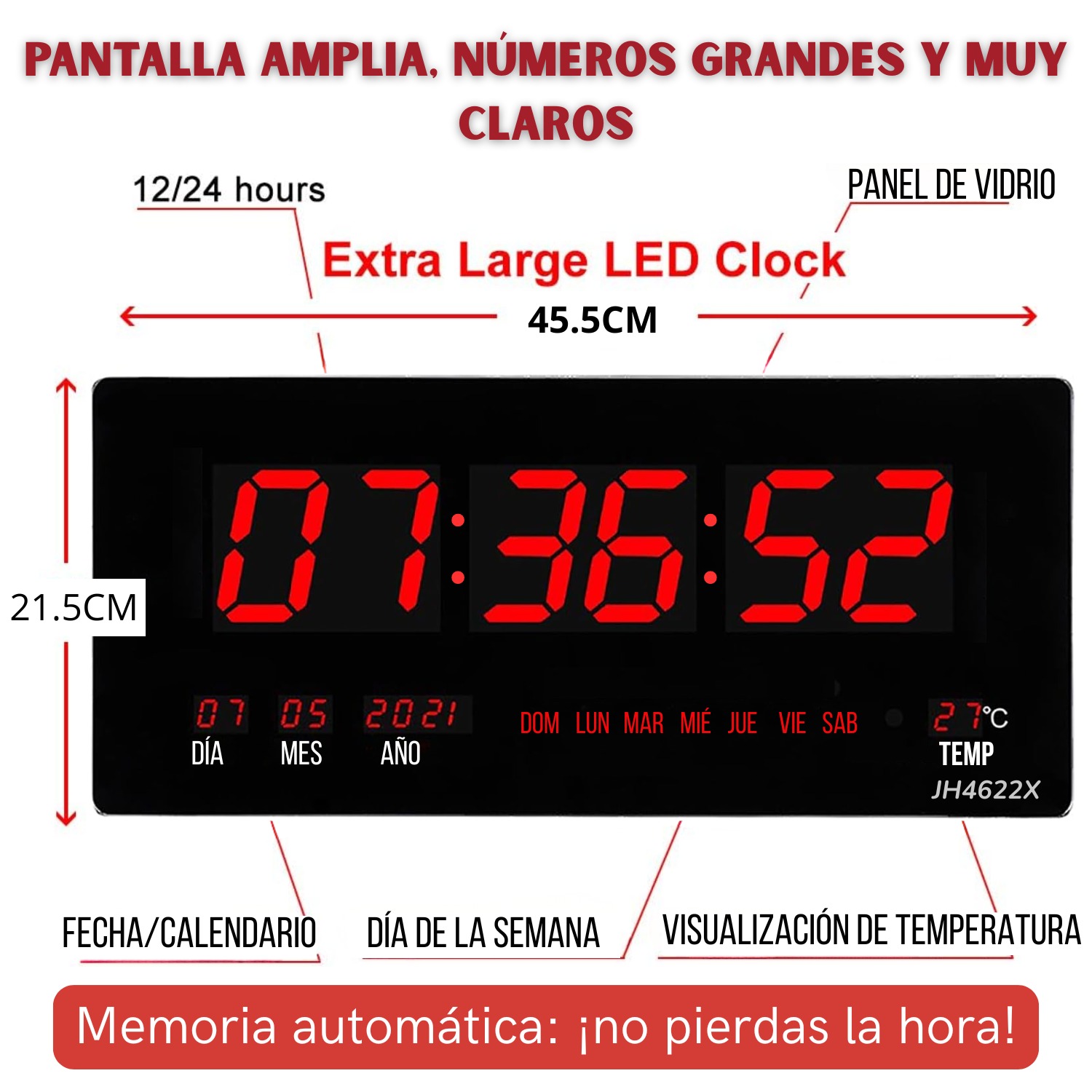 RELOJ DIGITAL DE PARED 46X22CM FECHA, HORA Y TEMPERATURA ROJO LED - 2