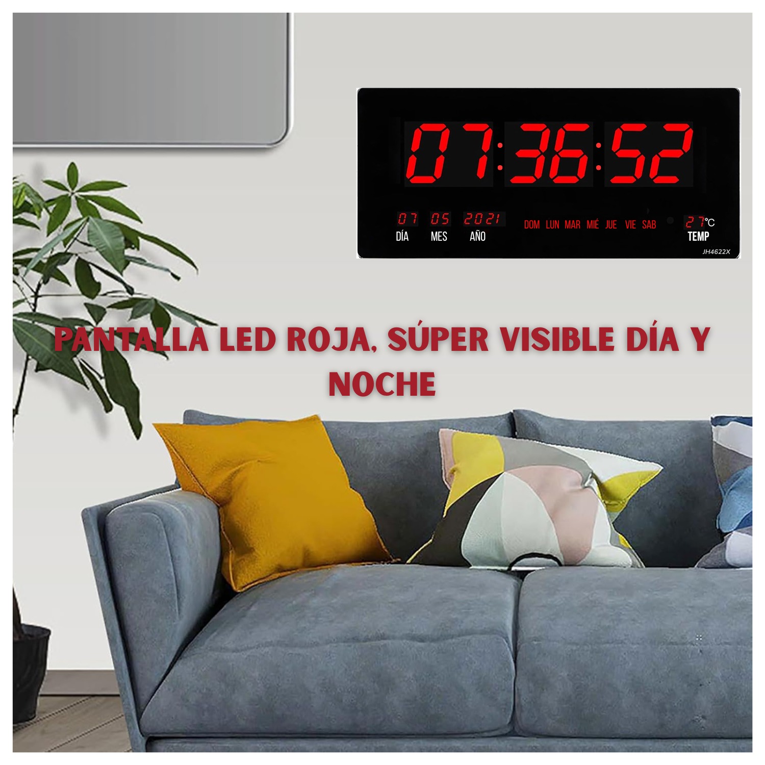 RELOJ DIGITAL DE PARED 46X22CM FECHA, HORA Y TEMPERATURA ROJO LED - 3