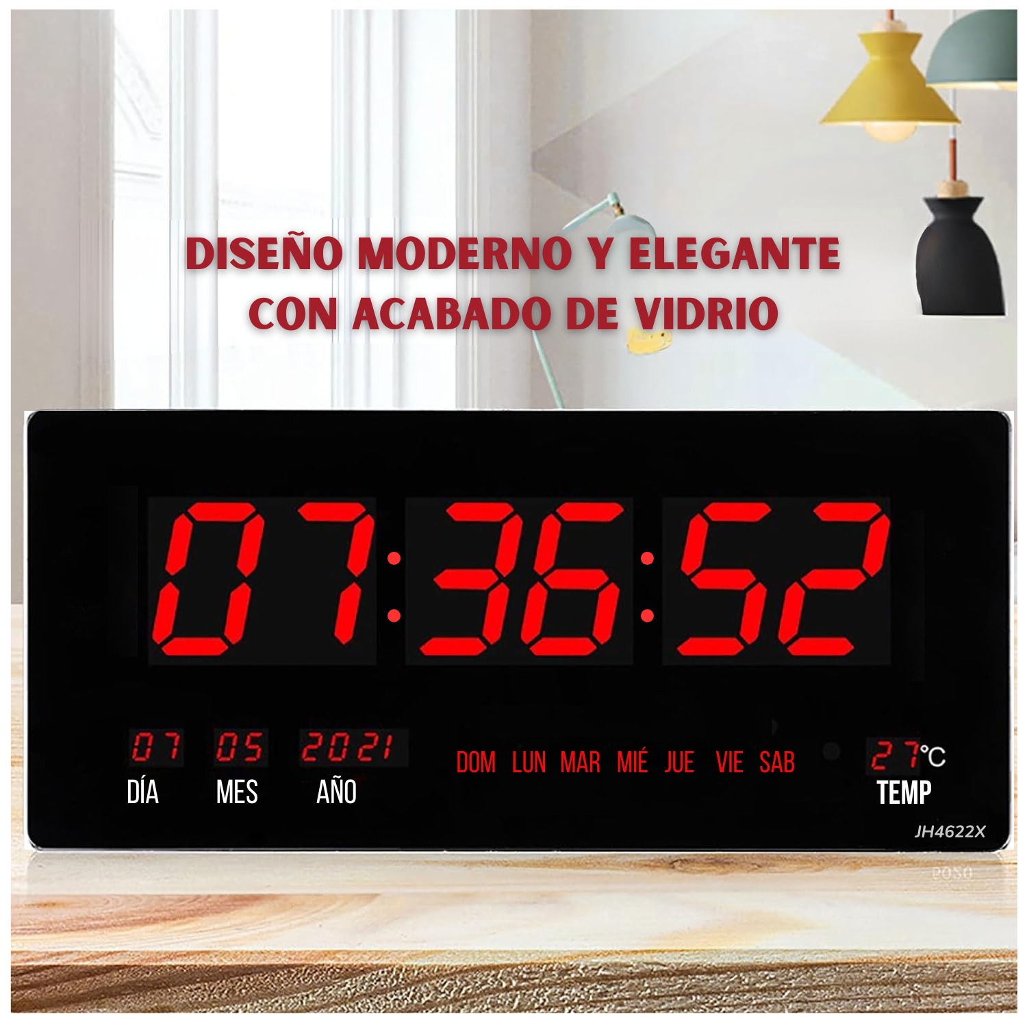 RELOJ DIGITAL DE PARED 46X22CM FECHA, HORA Y TEMPERATURA ROJO LED - 5