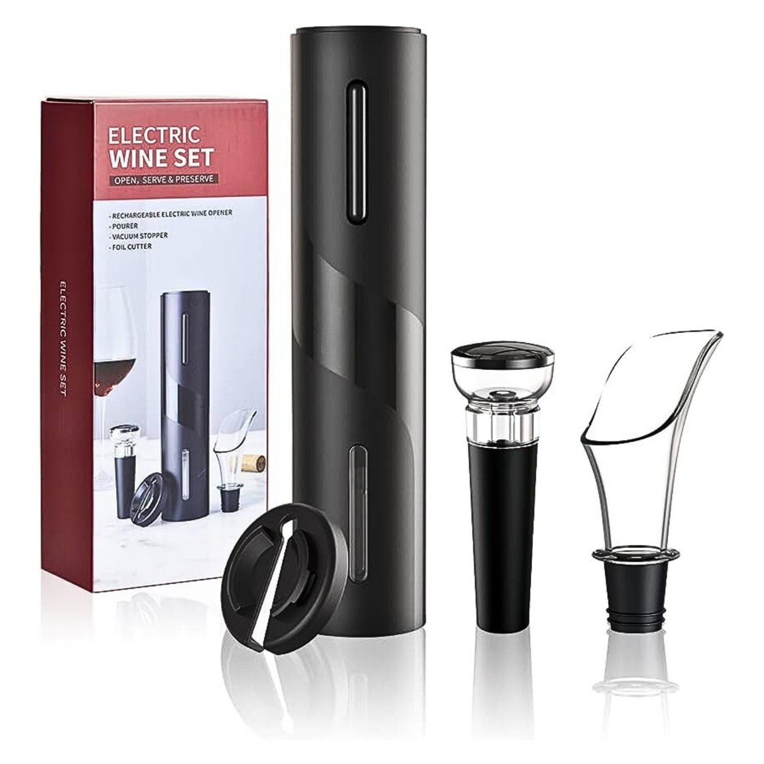 SACA CORCHO DE VINO ELÉCTRICO MÁS AIREADOR Y TAPÓN DE VACIO - 1