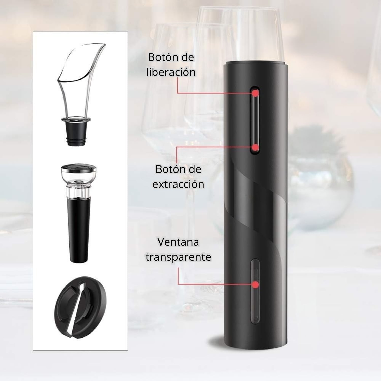 SACA CORCHO DE VINO ELÉCTRICO MÁS AIREADOR Y TAPÓN DE VACIO - 3