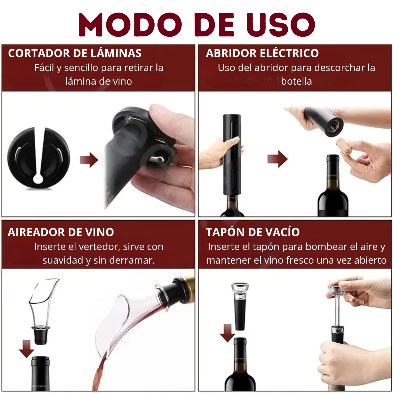 SACA CORCHO DE VINO ELÉCTRICO MÁS AIREADOR Y TAPÓN DE VACIO - 5