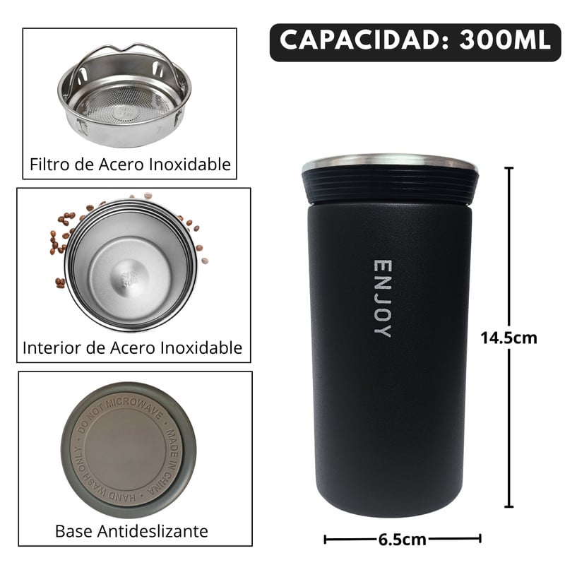 VASO TÉRMICO PARA CAFÉ TERMO DE ACERO INOXIDABLE 300ML NEGRO - 3