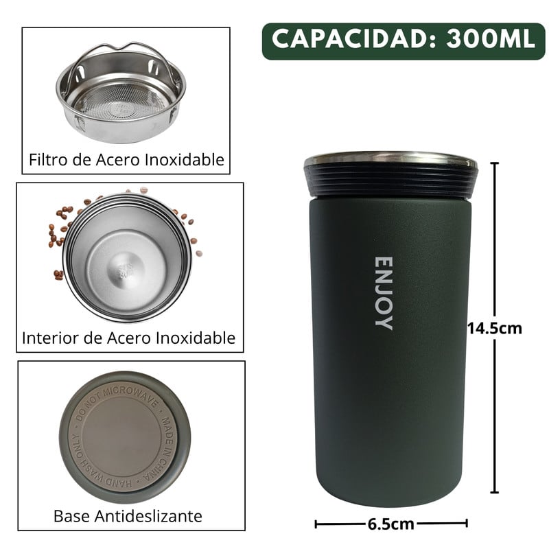 VASO TÉRMICO PARA CAFÉ TERMO DE ACERO INOXIDABLE 300ML VERDE - 5