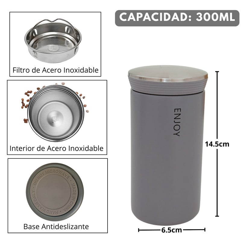 VASO TÉRMICO PARA CAFÉ TERMO DE ACERO INOXIDABLE 300ML GRIS - 3