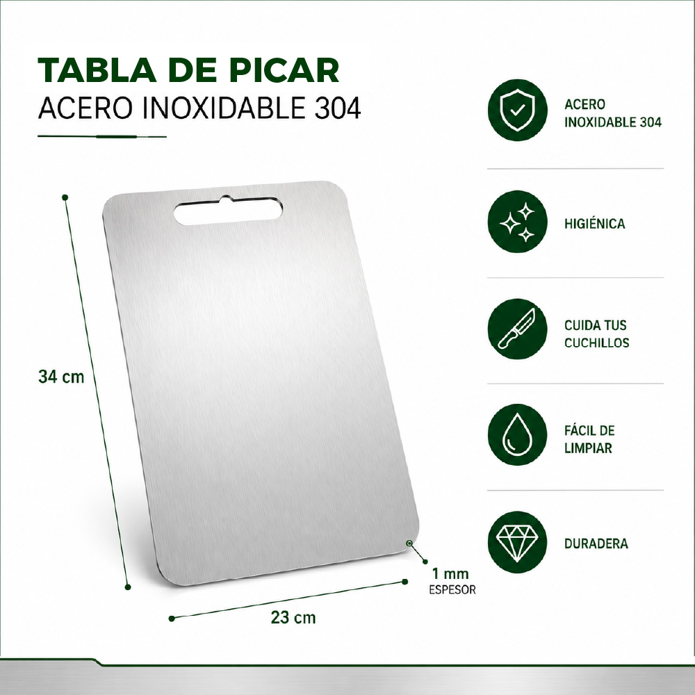 TABLA DE PICAR ACERO INOXIDABLE 34×23 CM – DISEÑO PREMIUM - 2