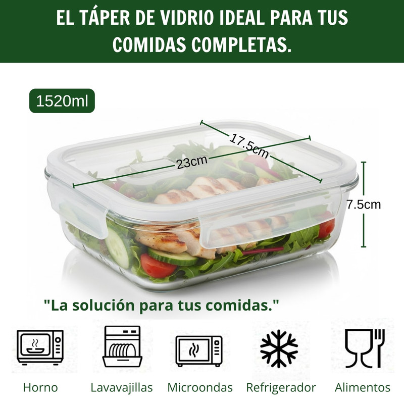 TÁPER DE VIDRIO HERMÉTICO RECTANGULAR 1520ML DISEÑO ELEGANTE - 2