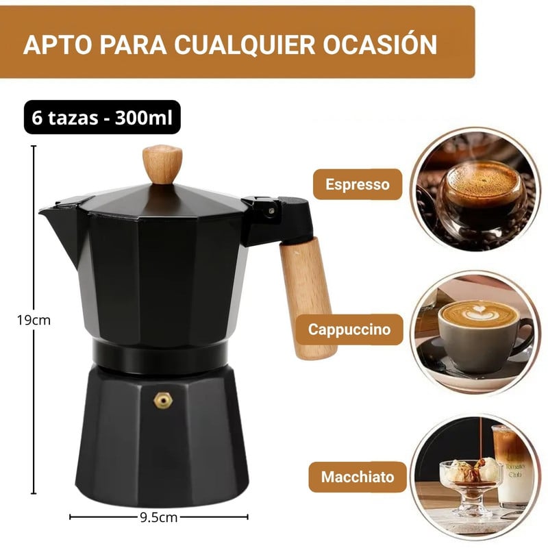 CAFETERA MOKA ITALIANA 6 TAZAS - 300ML NEGRO ELEGANTE - 2