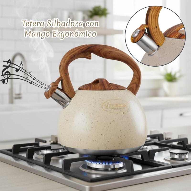 TETERA VALESKA ESTILO ROCA VOLCÁNICA CON SILBATO 5L CREMA - 2