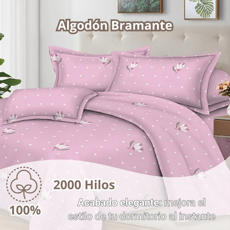 JUEGO DE SÁBANAS 100% SUAVE ALGODÓN 2PLAZAS 4 PIEZAS 2000 HILOS ROSA FLORAL - 2