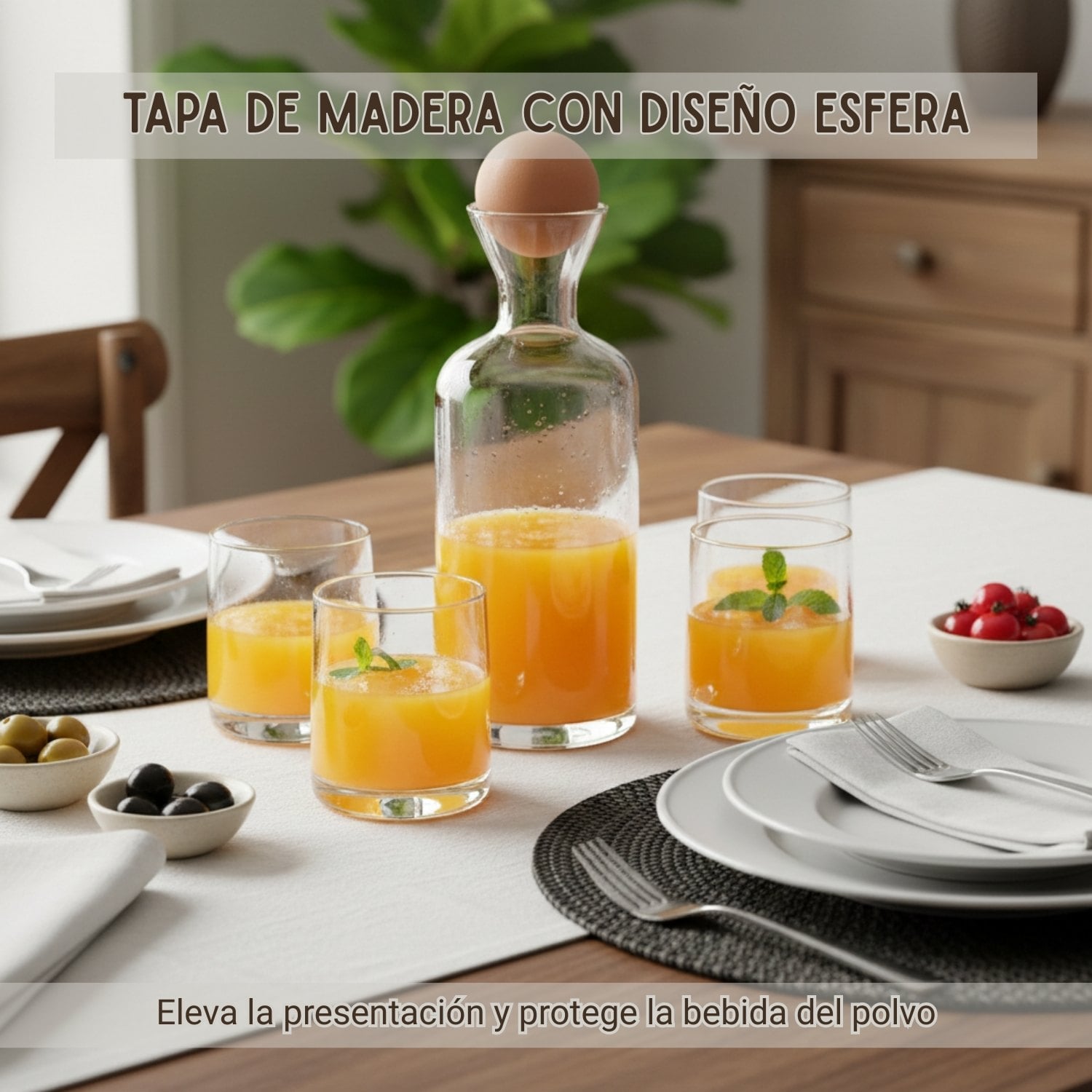 SET JARRA DE VIDRIO MÁS 6 VASOS CON TAPA DE MADERA - 2