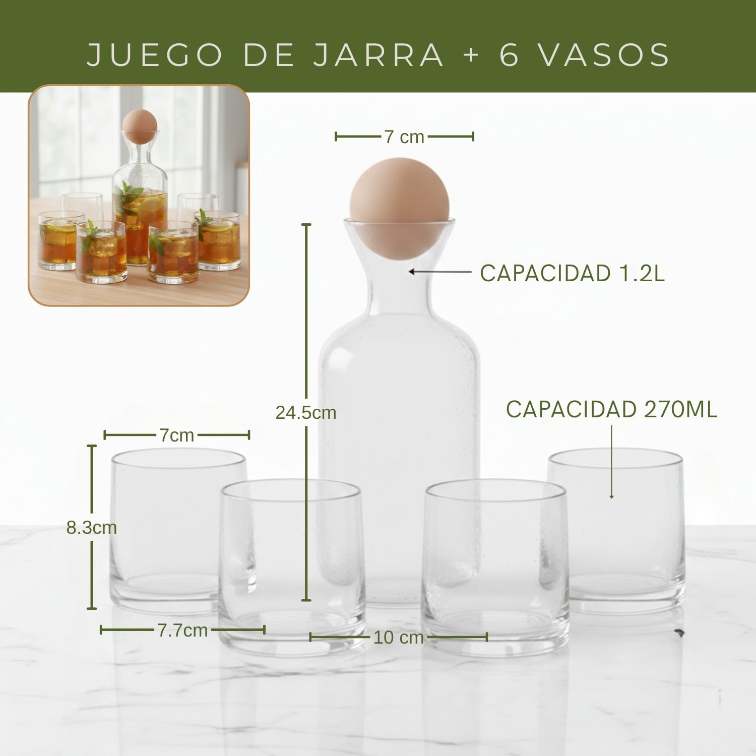 SET JARRA DE VIDRIO MÁS 6 VASOS CON TAPA DE MADERA - 3