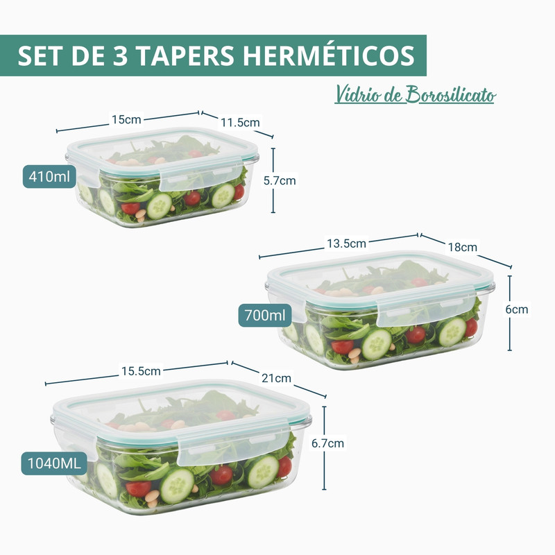 SET 3 TAPERS HERMÉTICOS DE VIDRIO CON TAPA - VERDE AGUA - 2