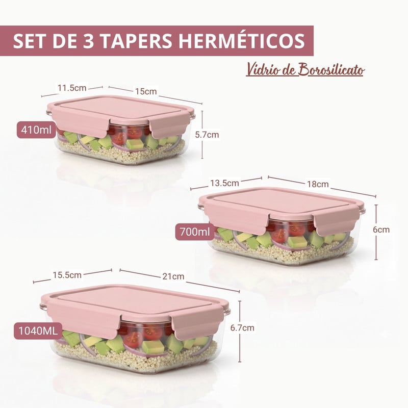 SET 3 TAPERS HERMÉTICOS DE VIDRIO CON TAPA - ROSA - 2