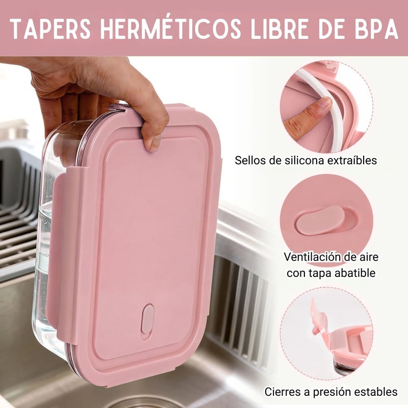 SET 3 TAPERS HERMÉTICOS DE VIDRIO CON TAPA - ROSA - 3