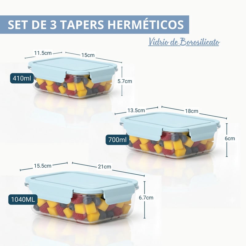 SET 3 TAPERS HERMÉTICOS DE VIDRIO CON TAPA - AZUL - 2
