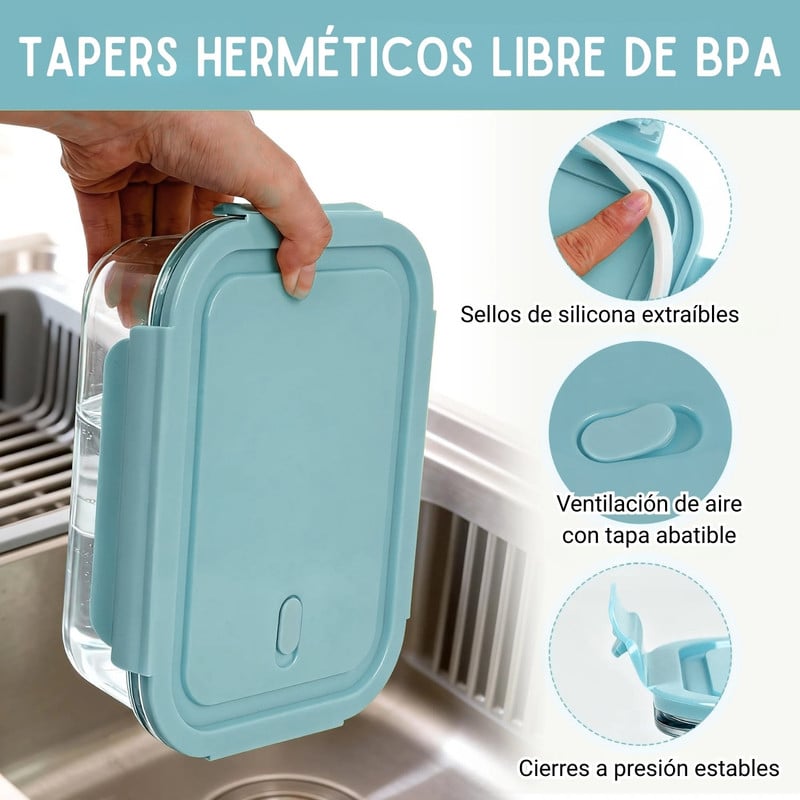 SET 3 TAPERS HERMÉTICOS DE VIDRIO CON TAPA - AZUL - 3