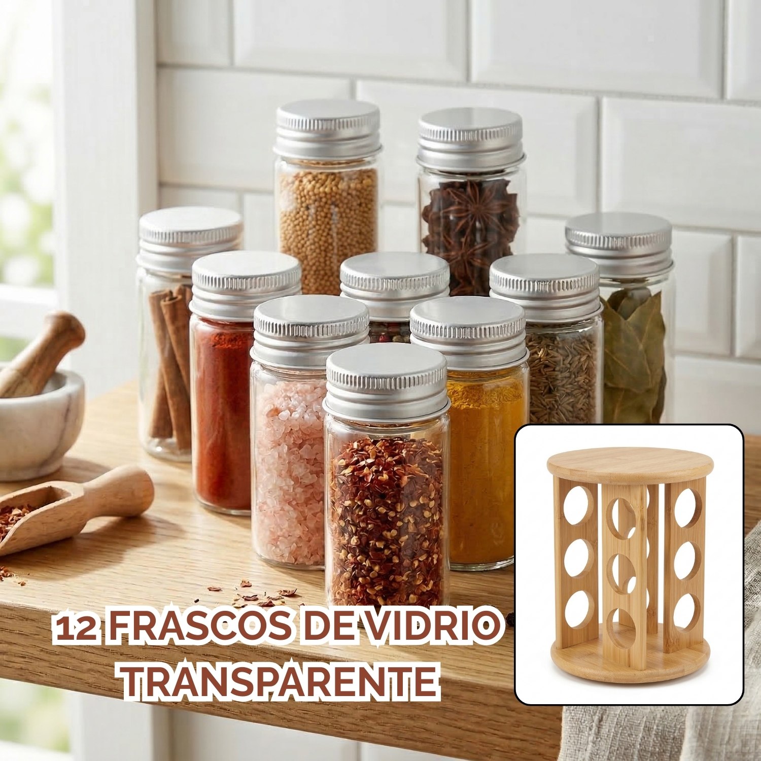 ORGANIZADOR ESPECIERO DE BAMBÚ + 12 FRASCOS DE VIDRIO 80ML - 2
