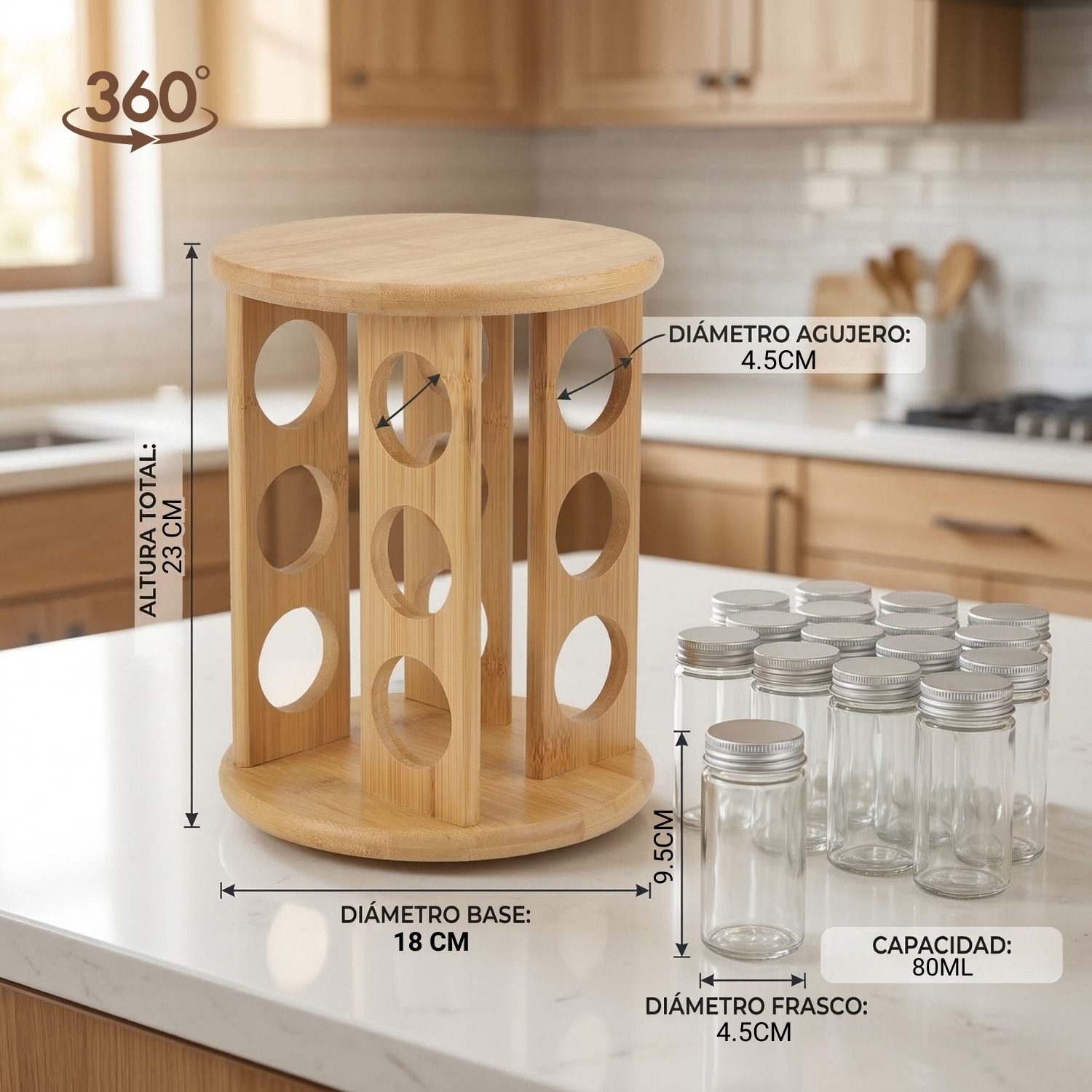 ORGANIZADOR ESPECIERO DE BAMBÚ + 12 FRASCOS DE VIDRIO 80ML - 3