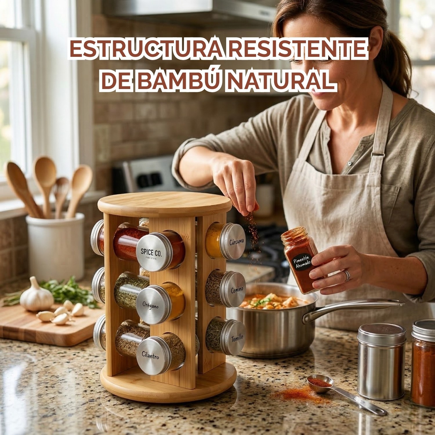 ORGANIZADOR ESPECIERO DE BAMBÚ + 12 FRASCOS DE VIDRIO 80ML - 4