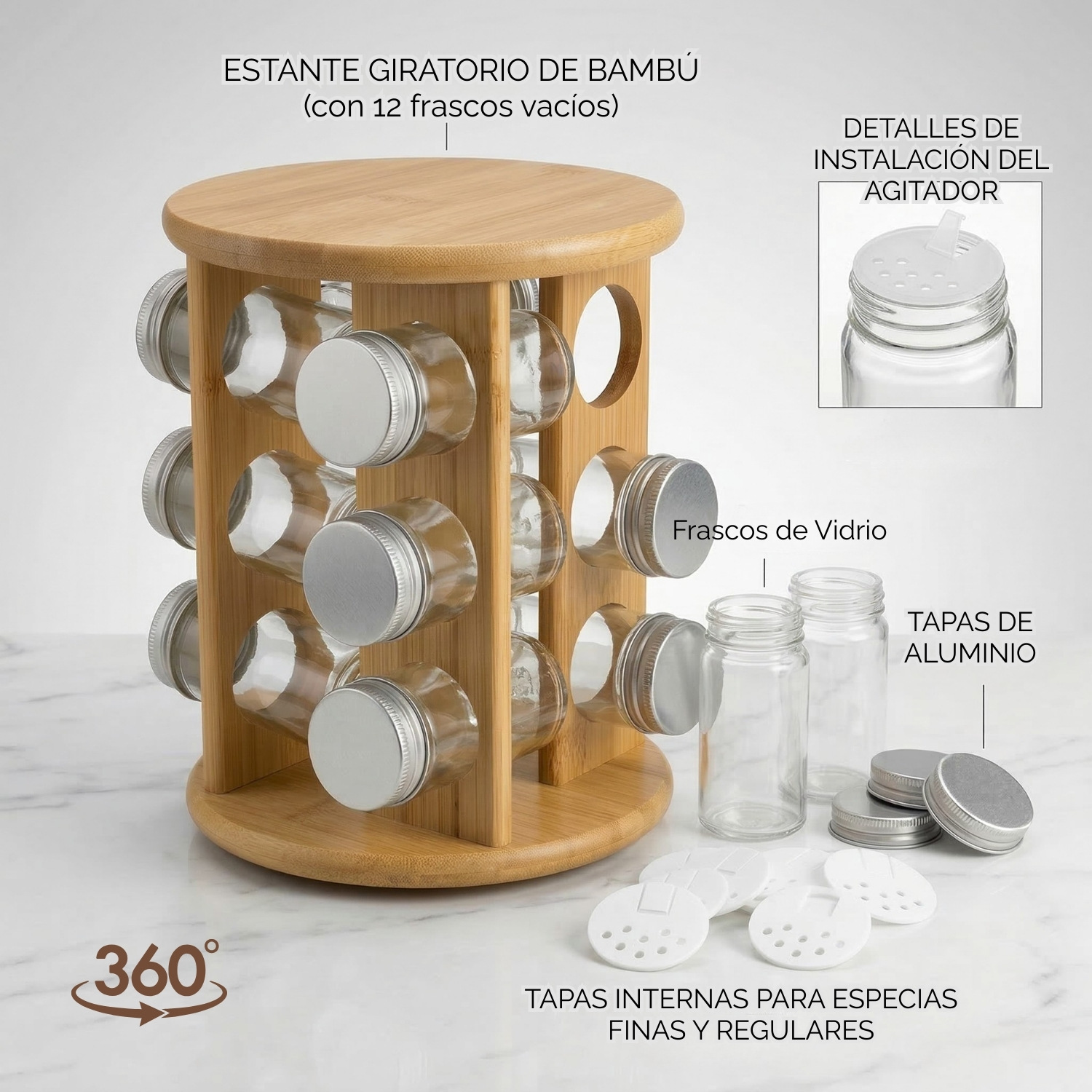 ORGANIZADOR ESPECIERO DE BAMBÚ + 12 FRASCOS DE VIDRIO 80ML - 6