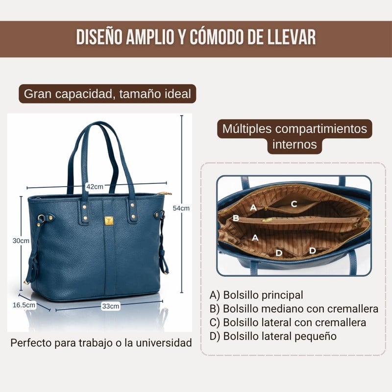 BOLSO TOTE BAG CUERO PU AMPLIO PERFECTO PARA TRABAJO DIARIO - ACERO - 2