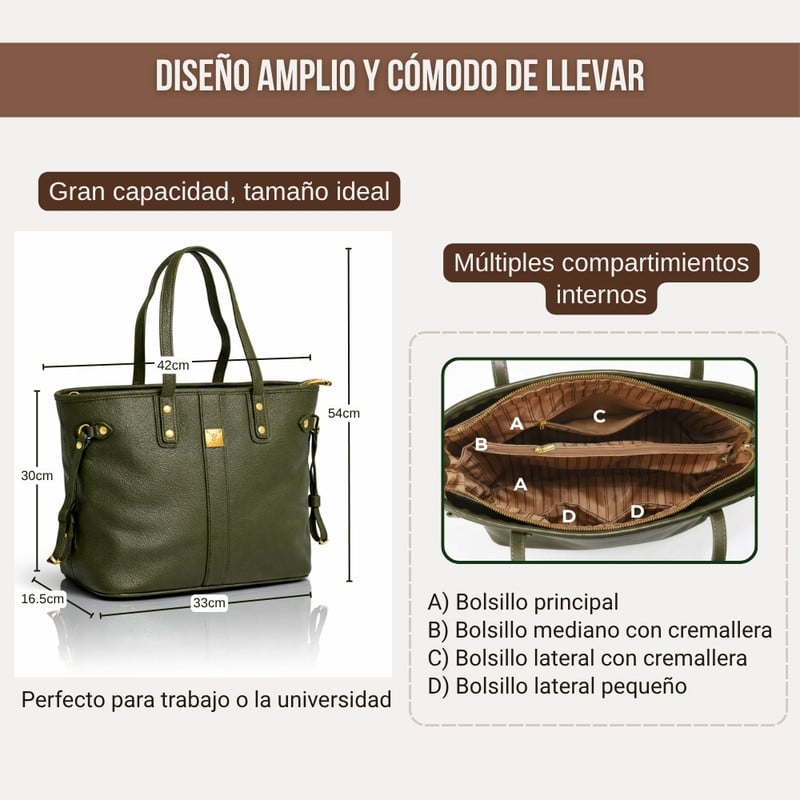 BOLSO TOTE BAG CUERO PU AMPLIO PERFECTO PARA TRABAJO DIARIO - OLIVO - 2
