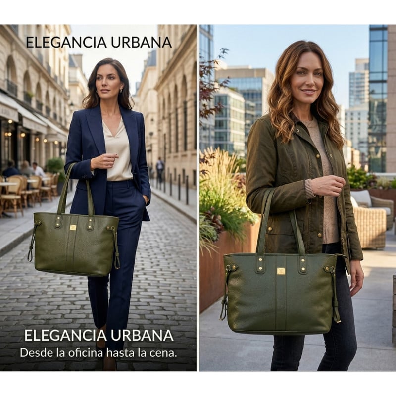 BOLSO TOTE BAG CUERO PU AMPLIO PERFECTO PARA TRABAJO DIARIO - OLIVO - 3