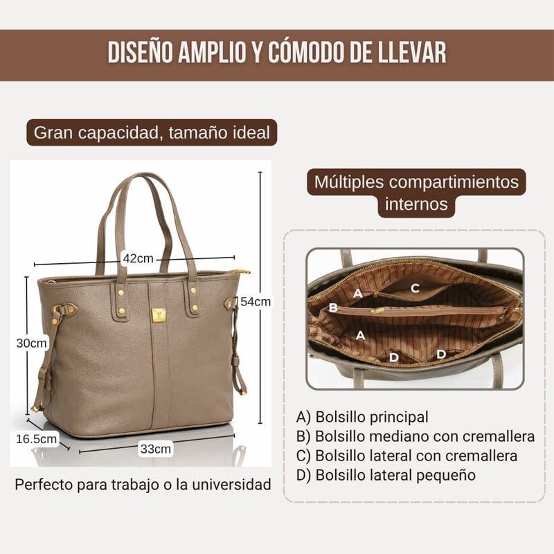BOLSO TOTE BAG CUERO PU AMPLIO PERFECTO PARA TRABAJO DIARIO - TOPO - 2