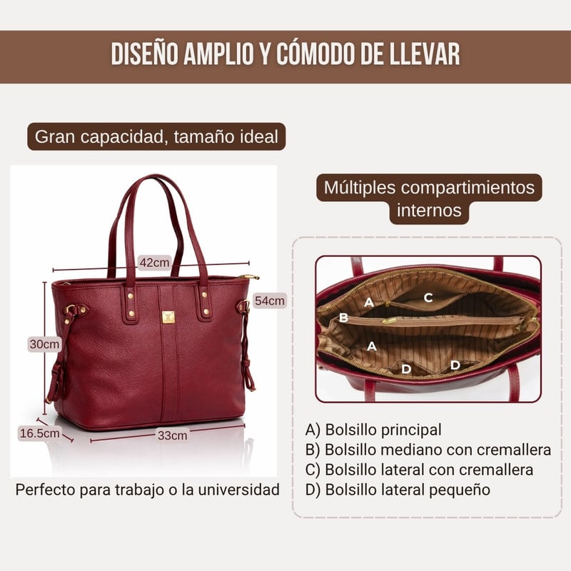 BOLSO TOTE BAG CUERO PU AMPLIO PERFECTO PARA TRABAJO DIARIO - BORDÓ - 2