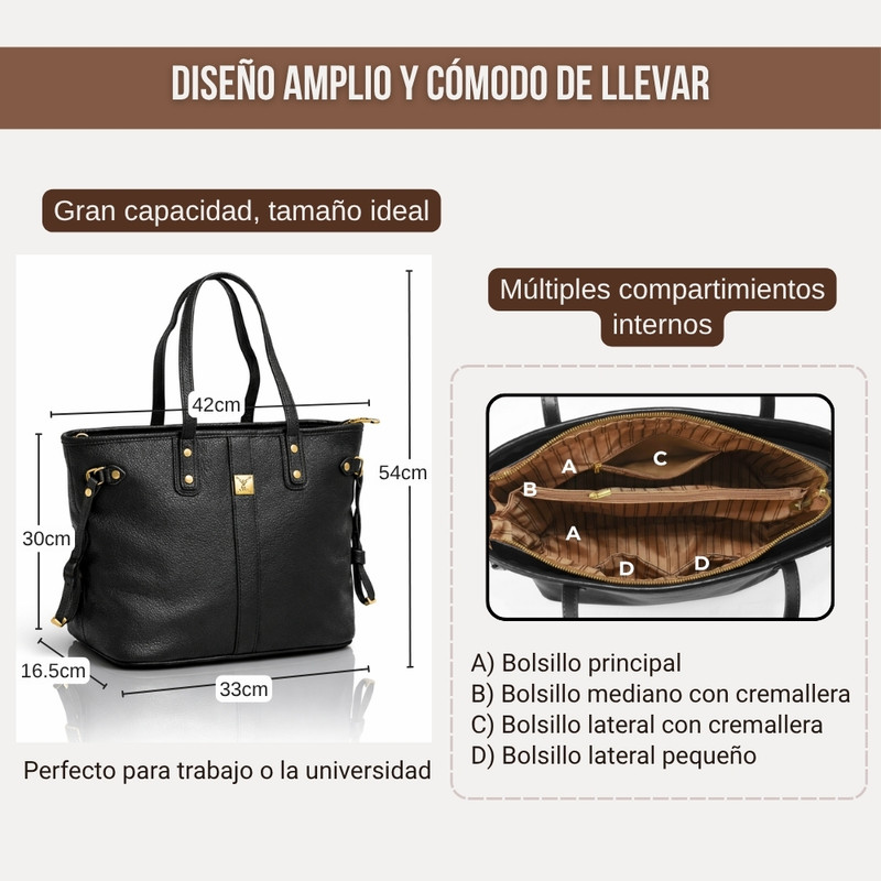 BOLSO TOTE BAG CUERO PU AMPLIO PERFECTO PARA TRABAJO DIARIO - NEGRO - 2