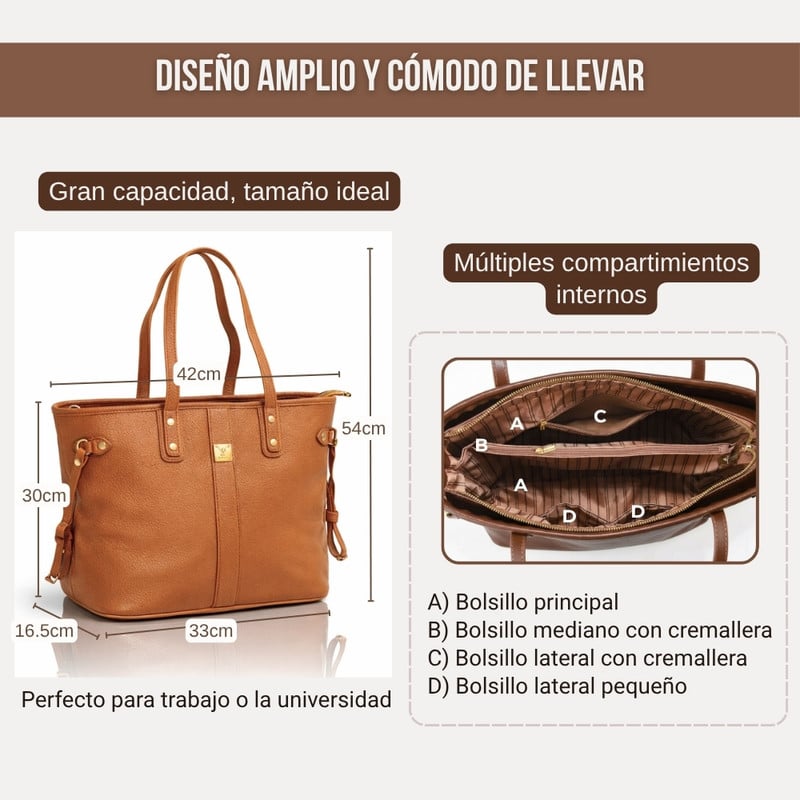 BOLSO TOTE BAG CUERO PU AMPLIO PERFECTO PARA TRABAJO DIARIO - CAMEL - 2