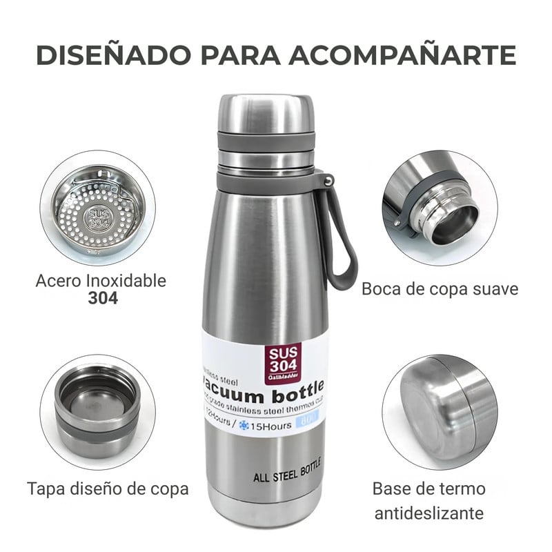 TERMO TOMATODO DE 850 ML ACERO INOXIDABLE COLOR PLATEADO - 2